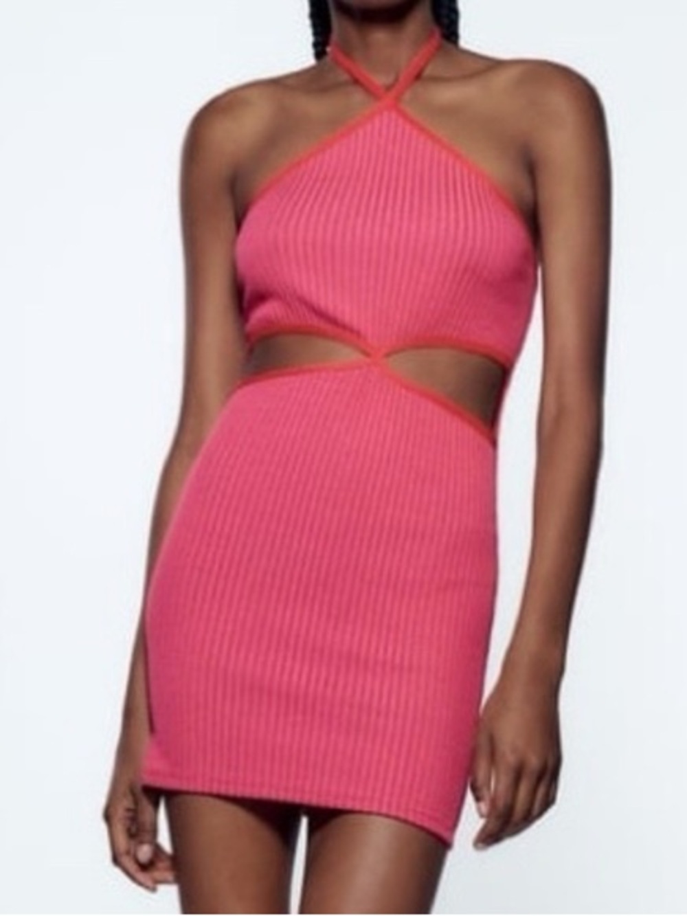 Zara Pink Ribbed Cutout Halter Mini Dress